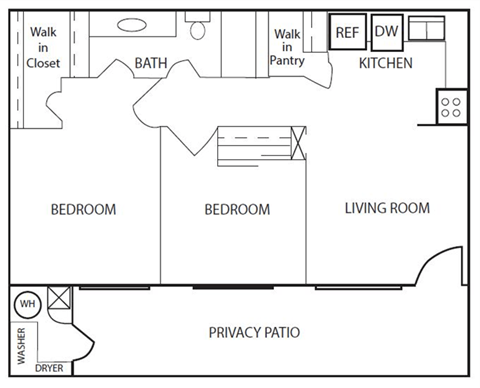 Floor plan for 2 beds, 1 bath, 960 sqft